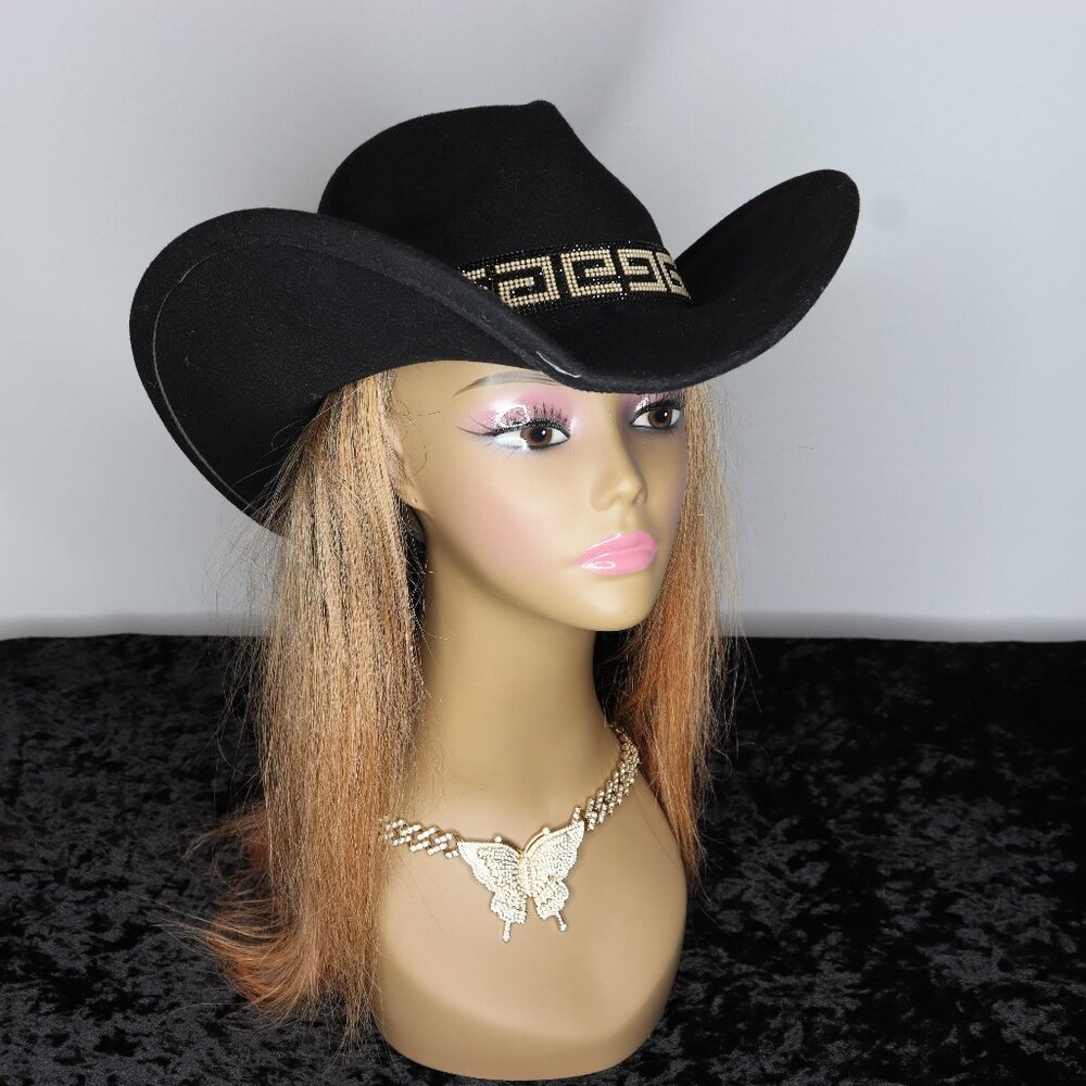 Women's Cowboy Hat with Geometric Band - Black